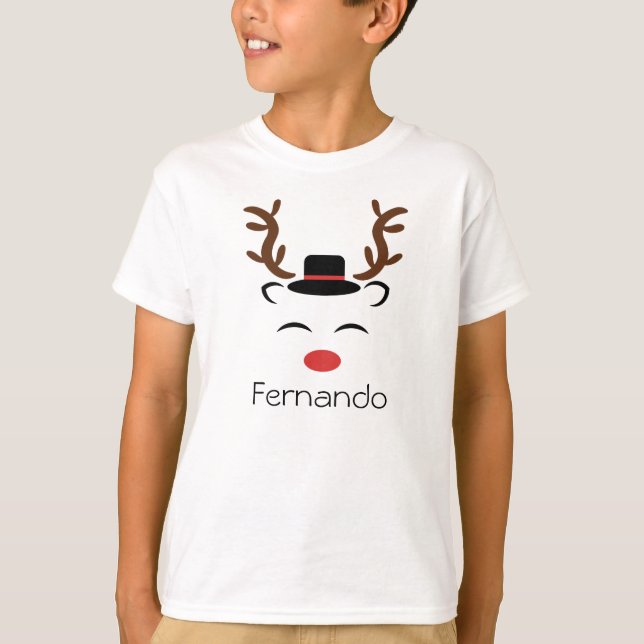 Personalised Christmas Reindeer red nose black hat T-Shirt (Front)
