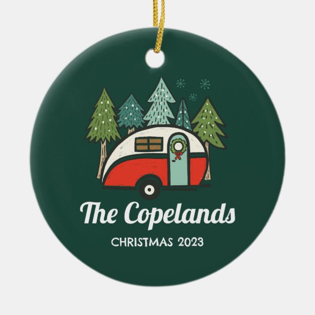 Personalised Christmas Retro Camper Ceramic Ornament (Front)
