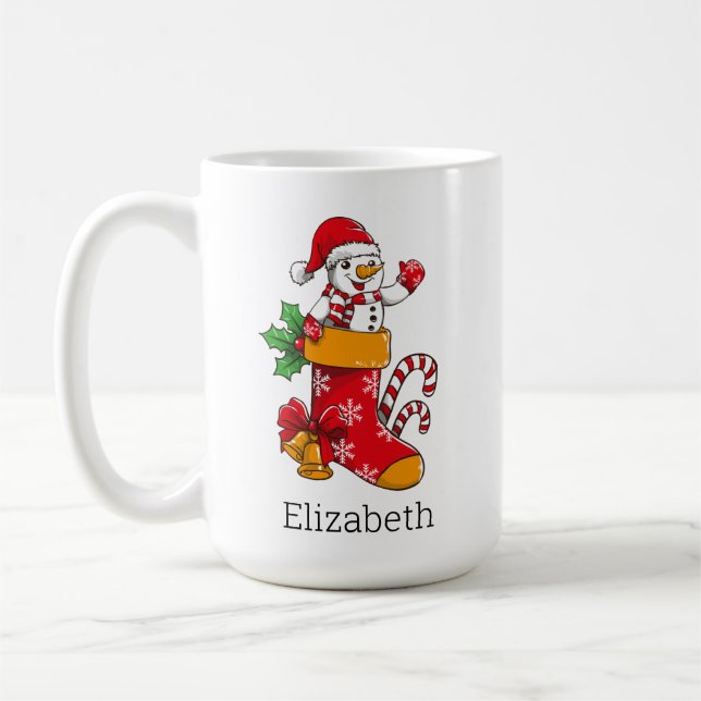 Personalised Christmas Snowman Candy Cane Coffee Mug (Left)