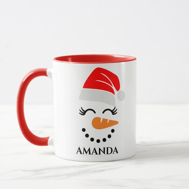Personalised christmas snowman with custom name  mug (Left)