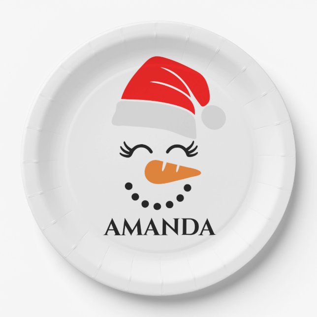 Personalised christmas snowman with custom name   paper plate (Front)
