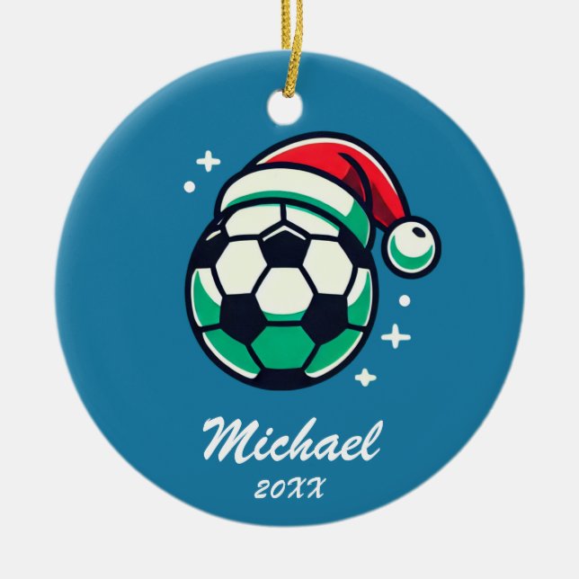 Personalised Christmas Soccer Ball with Santa Hat  Ceramic Ornament (Front)