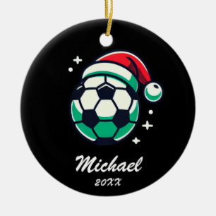 Personalised Christmas Soccer Ball with Santa Hat  Ceramic Ornament