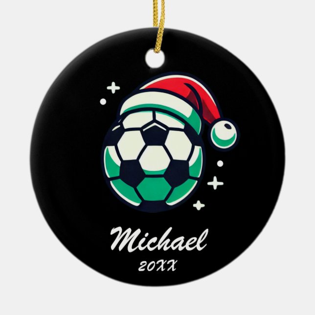 Personalised Christmas Soccer Ball with Santa Hat  Ceramic Ornament (Front)