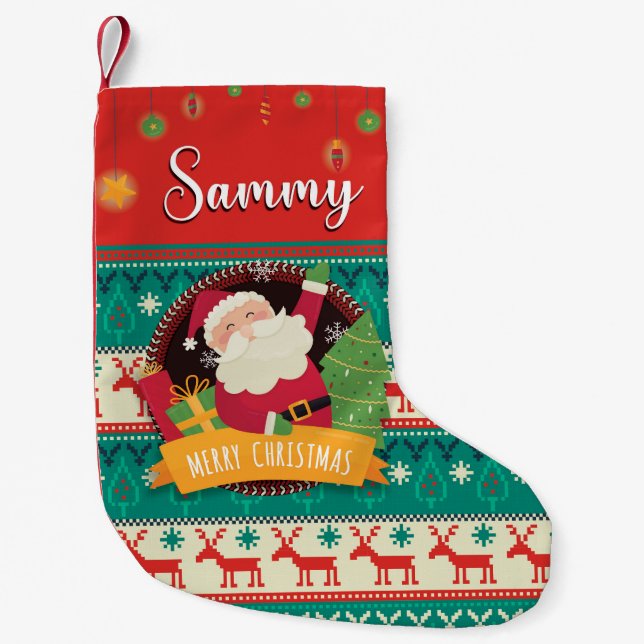 Personalised Christmas Stocking with Santa & Gifts (Front)