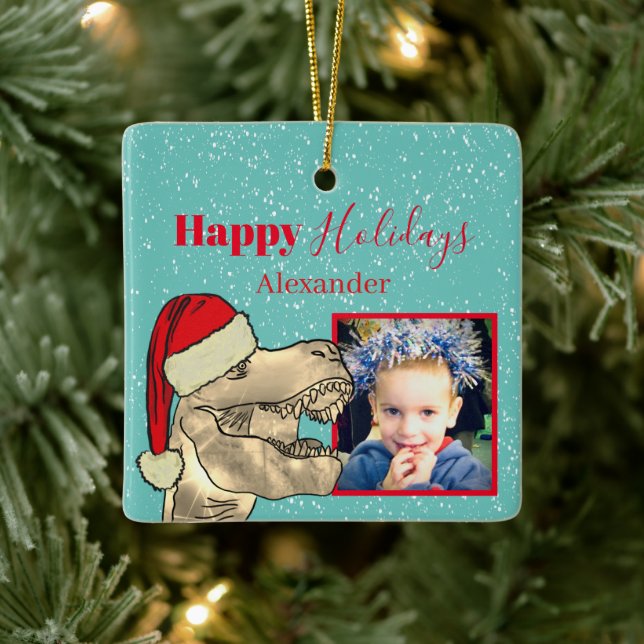 Personalised Christmas T-Rex Dinosaur Kids Photo Ceramic Ornament (Tree)