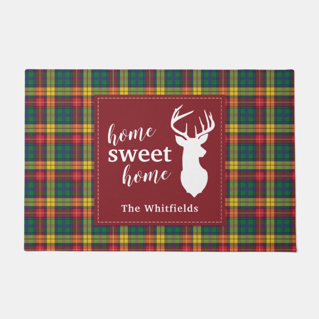 Personalised Christmas Tartan Clan Buchanan Plaid Doormat (Front)