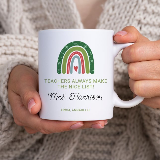 Personalised Christmas Teachers Rainbow Nice List Coffee Mug (Personalized Christmas Teachers Rainbow Nice List Coffee Mug)