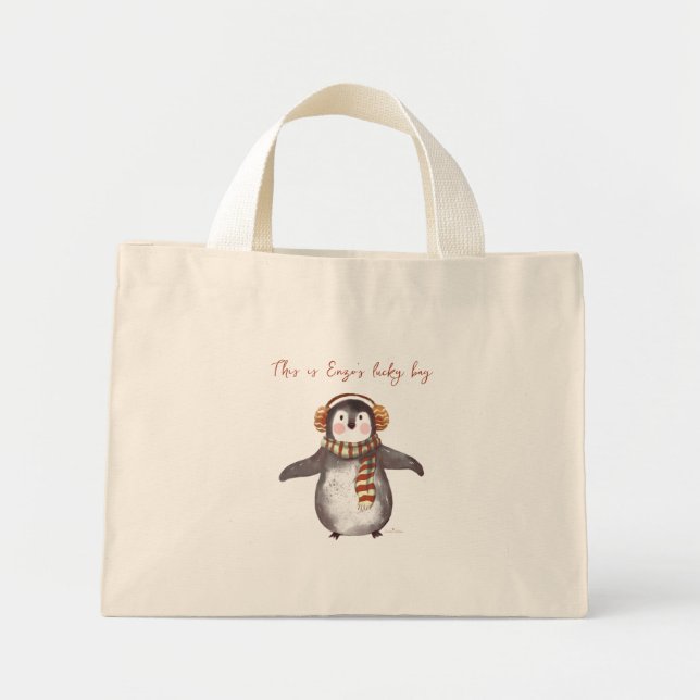 Personalised Christmas Tote. Penguin Bag with Name (Front)