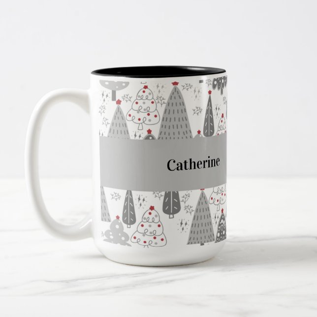 Personalised Christmas Tree Pattern Custom Name Mu Two-Tone Coffee Mug (Left)