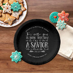 Personalised Christmas Verse Typography Chalkboard Paper Plate<br><div class="desc">Personalised Christmas Bible Verse Typography on Chalkboard Party Paper Plates featuring Luke 2:11 in festive typography on a rustic chalkboard background, with quaint flourishes of white pine branches and pine cones. Perfect for a family gathering, church event, or just to have on hand to remember the Reason for the Season!...</div>