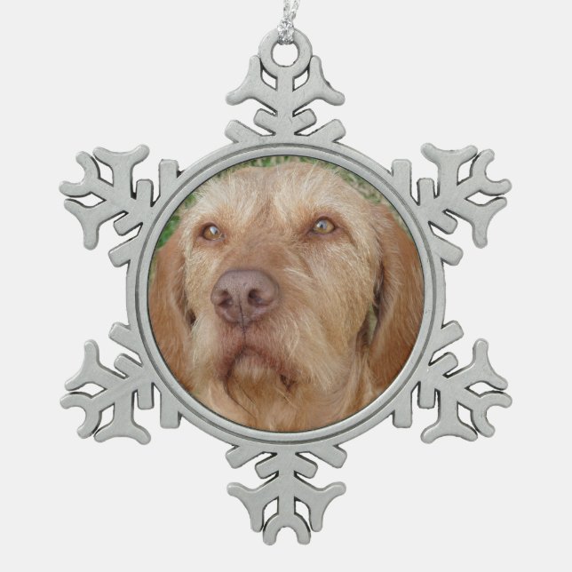 Personalised Christmas Vizsla Pet Photo Snowflake Pewter Christmas Ornament (Front)