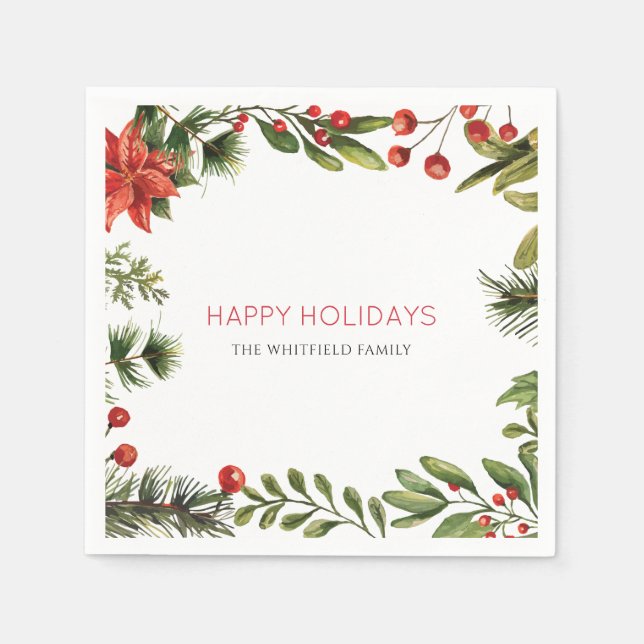 Personalised Christmas Watercolor Berries Family Napkin (Front)