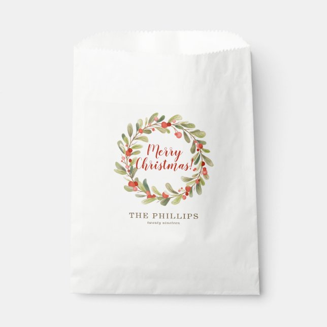 Personalised Christmas Watercolor Wreath Favour Bag (Front)