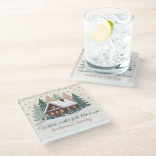 Personalised Christmas Winter Cabin Glass Coaster