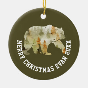 Personalised Christmas Winter Scene with Bear Ceramic Ornament