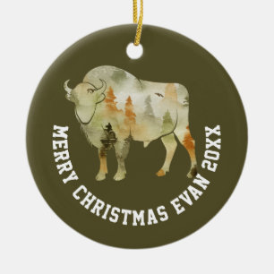 Personalised Christmas Winter Scene with Buffalo Ceramic Ornament