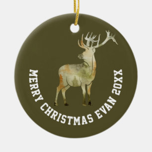 Personalised Christmas Winter Scene with Deer Art Ceramic Ornament
