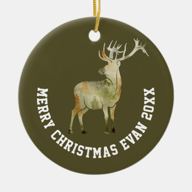 Personalised Christmas Winter Scene with Deer Art Ceramic Ornament (Front)