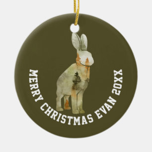 Personalised Christmas Winter Scene with Rabbit Ceramic Ornament
