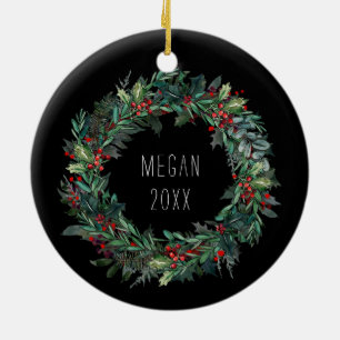 Personalised Christmas Winter Scene with Wolf Art Ceramic Ornament