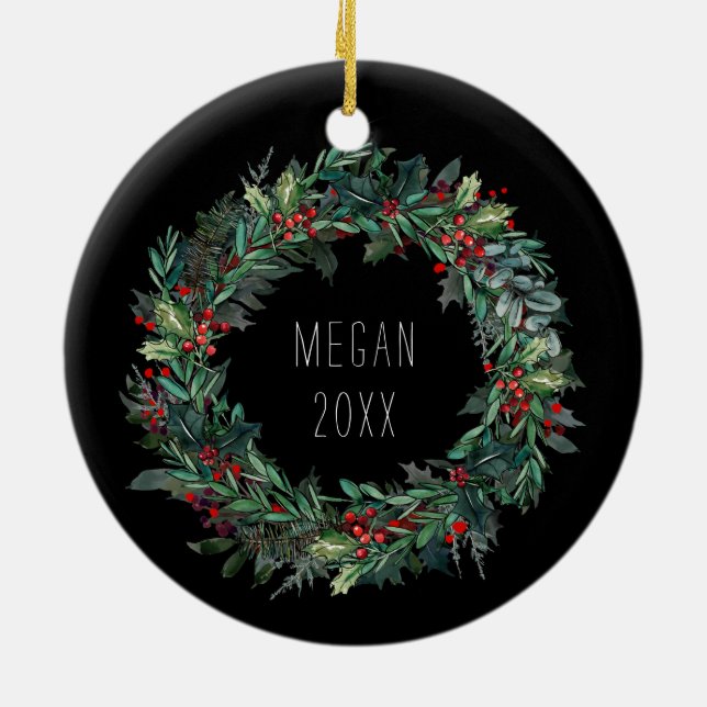 Personalised Christmas Winter Scene with Wolf Art Ceramic Ornament (Back)