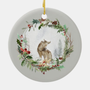Personalised Christmas Winter Scene with Wolf Art Ceramic Ornament