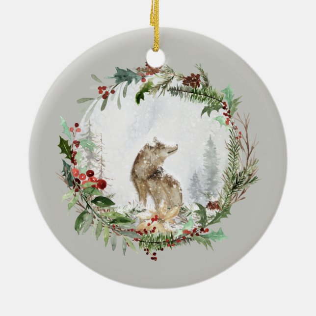 Personalised Christmas Winter Scene with Wolf Art Ceramic Ornament (Back)
