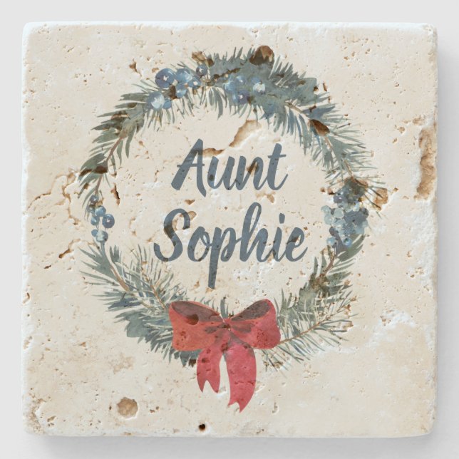 Personalised Christmas Wreath Blue Berries Stone Coaster (Front)