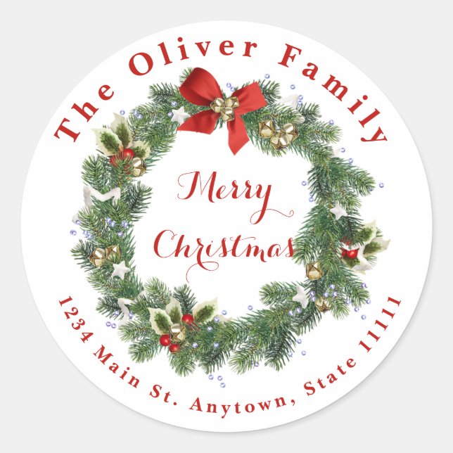 Personalised Christmas wreath Classic Round Sticker (Front)