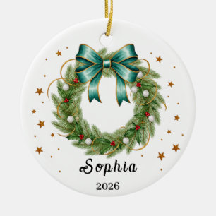 Personalised Christmas Wreath Name & Year Ceramic Ornament