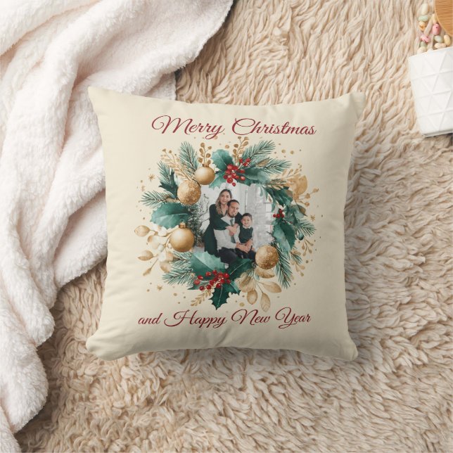 Personalised Christmas Wreath Photo Card Cushion (Blanket)