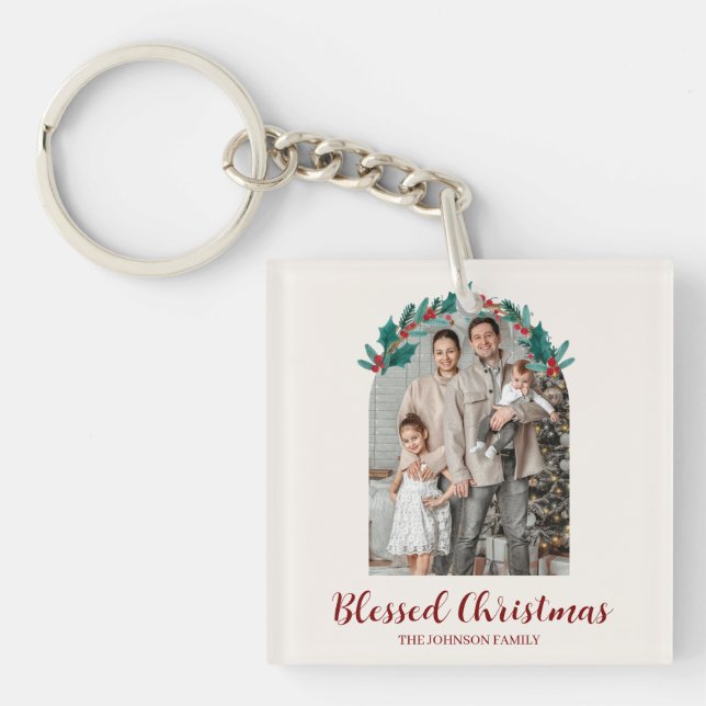 Personalised Christmas Wreath Photo Keychain  (Front)