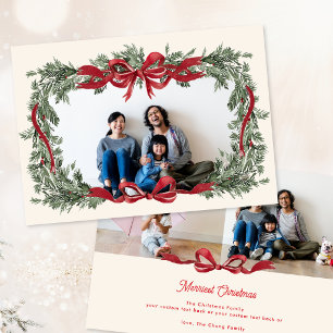 Personalised Christmas Wreath Red Bow 3 Photo Holiday Card