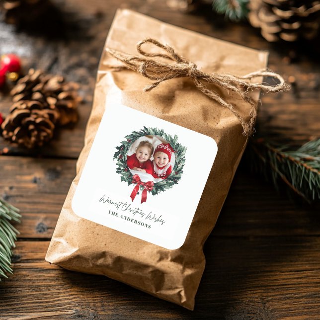 Personalised Christmas Wreath with Photo & Name Square Sticker (Creator Uploaded)