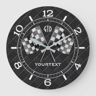 Personalised Chrome Racing Flags on Fine Checkers Large Clock