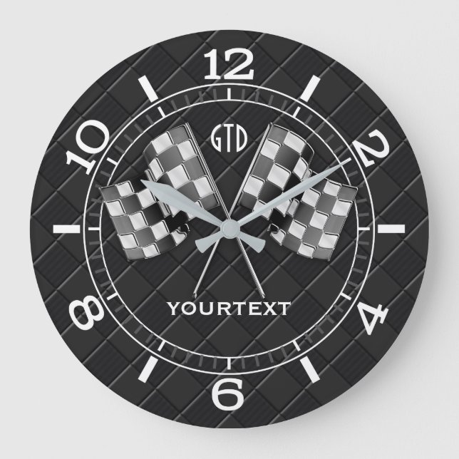 Personalised Chrome Racing Flags on Fine Checkers Large Clock (Front)