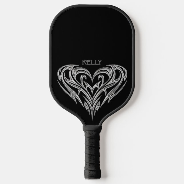 Personalised Chrome Tribal Heart on Black Pickleball Paddle (Front)