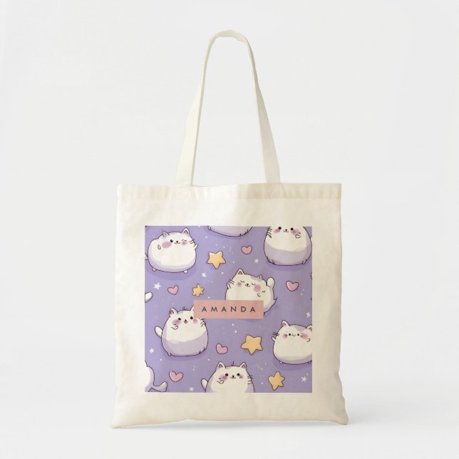 Personalised Chubby Cat & Pastel Star Pattern Tote Bag (Front)