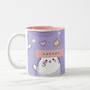 Personalised Chubby Cat & Pastel Star Pattern Two-Tone Coffee Mug