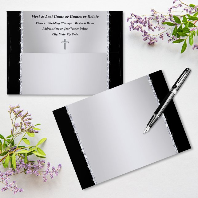 Personalised Church Envelopes, Christian Wedding,  Envelope (Custom Church Envelopes. Customizable, Silver and Black Envelopes. Delete, Return Address on Back.)