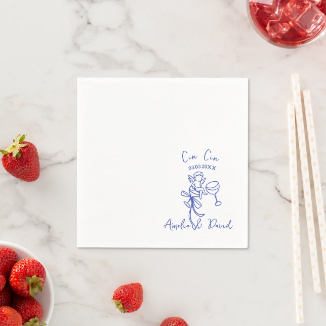 Personalised Cin Cin Cherub Cupid Hand Drawn  Napkin (Insitu)