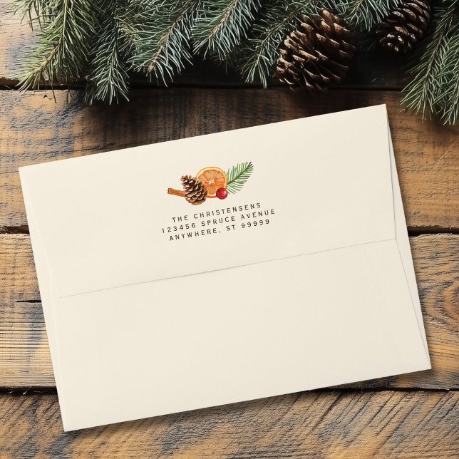 Personalised Citrus Pinecone Cinnamon Christmas Envelope (Shown on an A7 envelope)