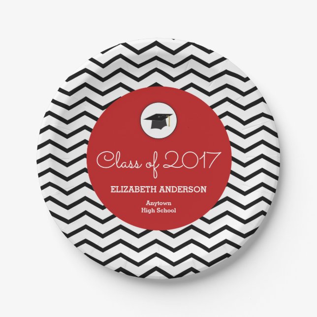 Personalised Class of 2017 Chevron Red Grad Paper Plate (Front)
