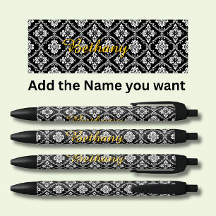 Personalised Classic Abstract Damask Gold Name Black Ink Pen