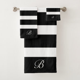 Personalised Classic Black & White Stripes Pattern Bath Towel Set