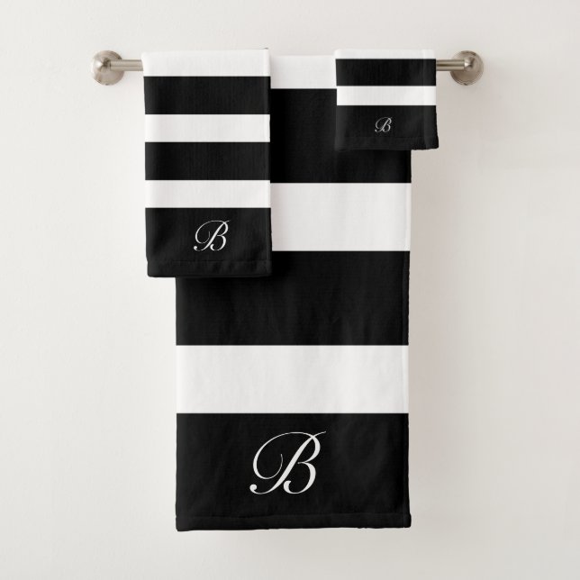Personalised Classic Black & White Stripes Pattern Bath Towel Set (Insitu)