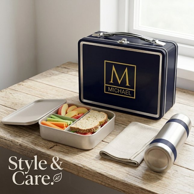 Personalised Classic Black with Initials & Name Metal Lunch Box (Personalized Classic Black with Initials & Name Metal Lunch Box)
