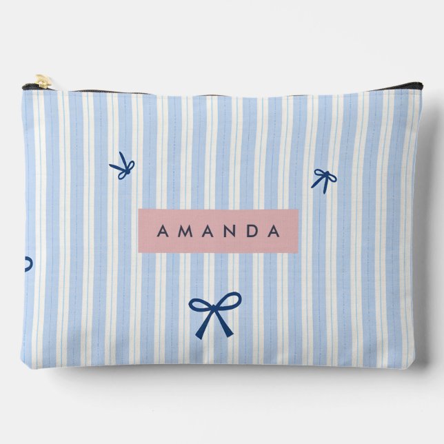Personalised Classic Blue Pastel Striped Bow Accessory Pouch (Front)