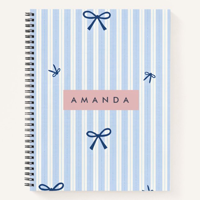 Personalised Classic Blue Pastel Striped Bow Notebook (Front)